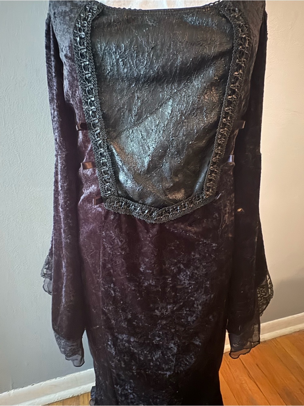 Vintage Y2K 90s Lip Service Black Velvet Lace and Sheer Bell Sleeve Maxi Dress - Picture 2 of 11